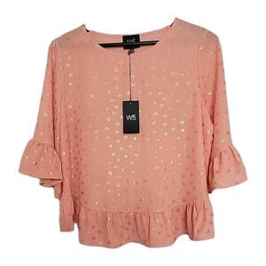 W5 Women’s Medium Ruffle Sleeve Shimmer Top Peach Gold NWT